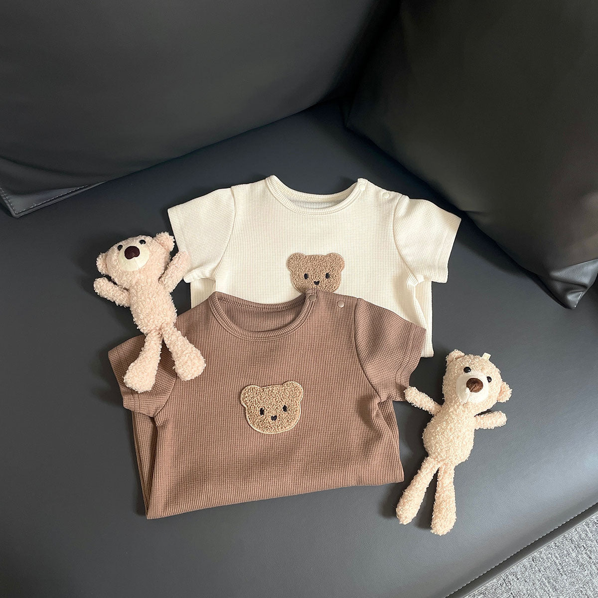 Z25022323嬰兒連身衣夏季華夫格小熊寶寶衣服嬰幼童短袖連身爬服外穿服