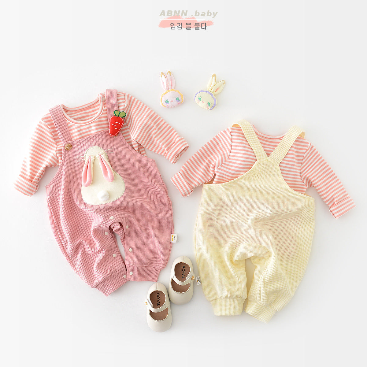 Z23112108春季新款嬰幼兒洋氣卡通小兔背帶褲女寶寶條紋T卹兩件套