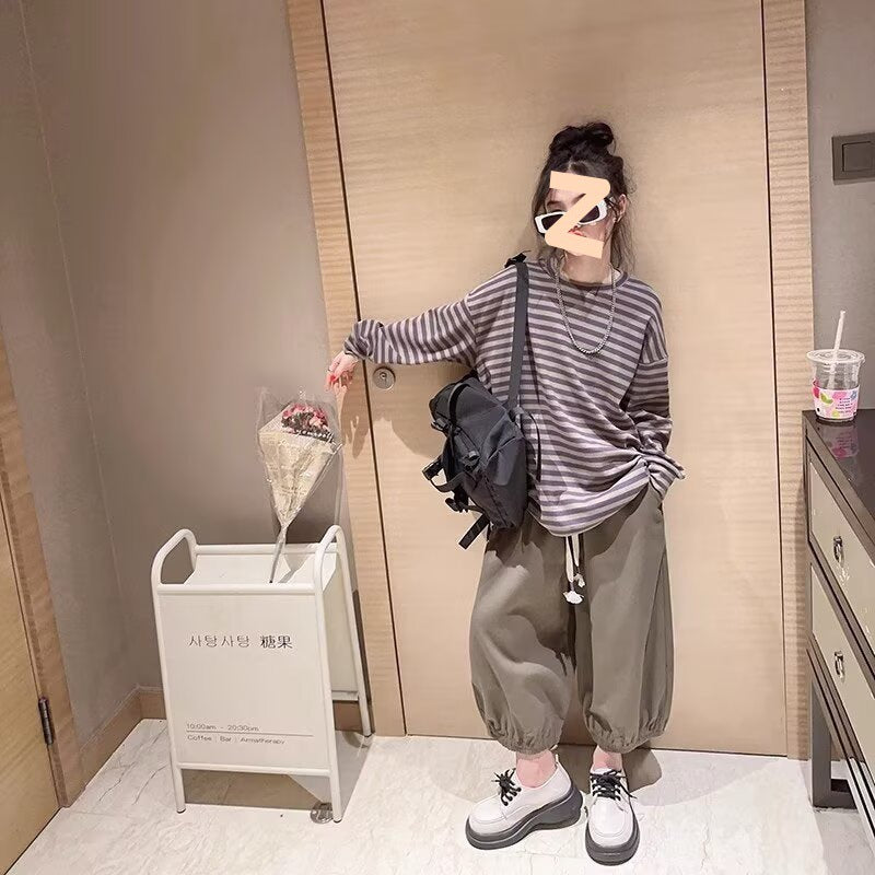 F24090310女童春秋款長袖t卹2024時尚中大童衛衣兒童條紋打底衫外穿