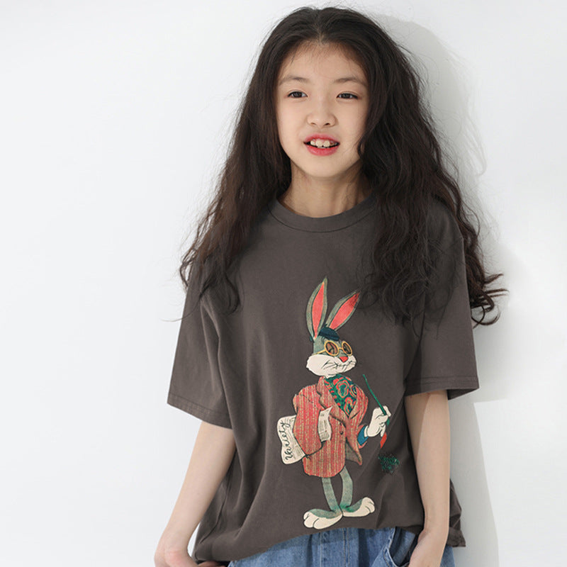 Z25030424童裝女童夏裝短袖T恤新款寬鬆卡通印花兒童男孩夏季潮服大童帥氣