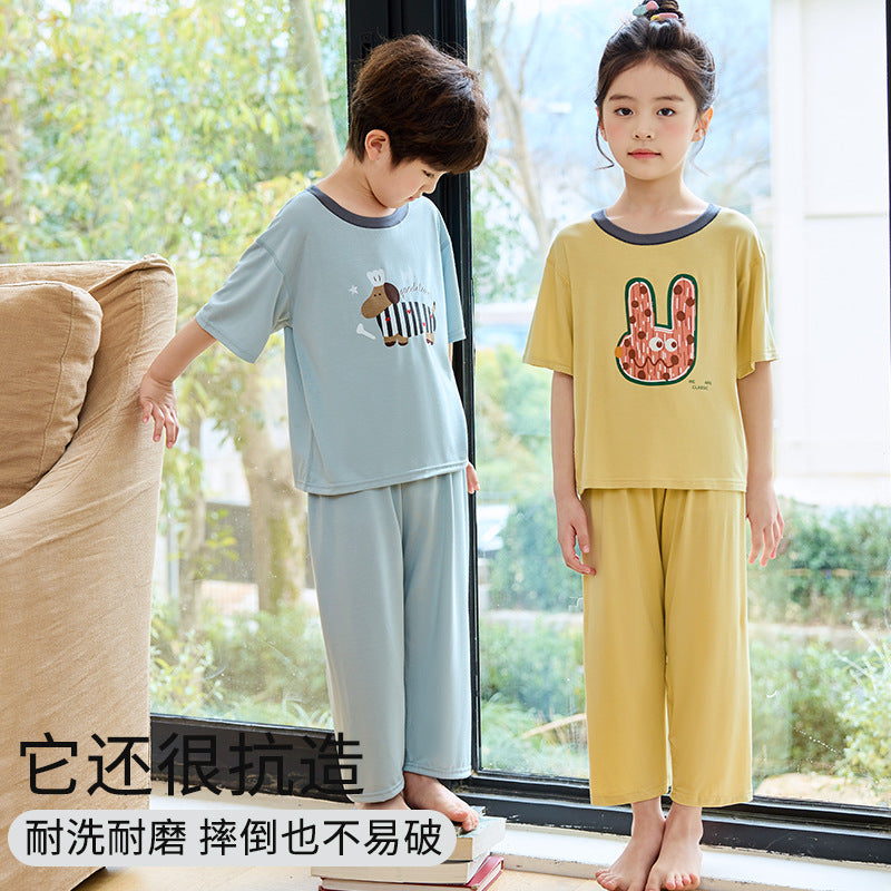 CK26050519男童睡衣2026新款夏季薄款女童短袖長褲兒童女孩家居服大童空調服(9-12天到貨)