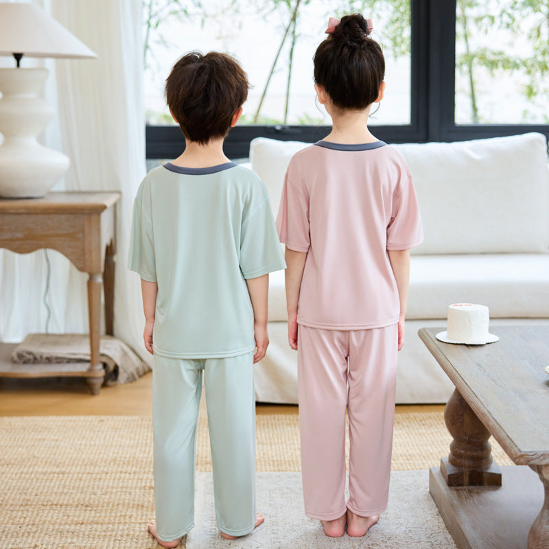 CK26050519男童睡衣2026新款夏季薄款女童短袖長褲兒童女孩家居服大童空調服(9-12天到貨)