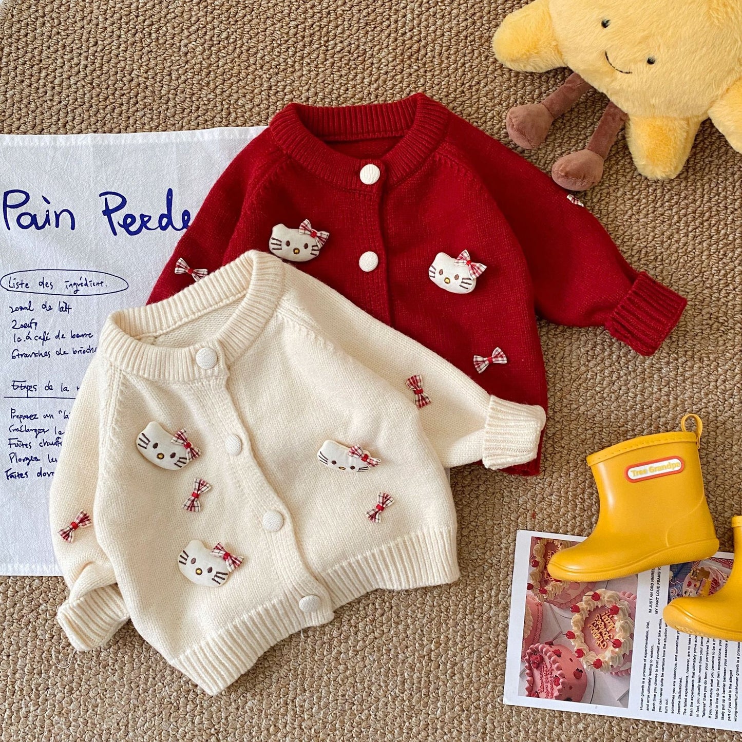 G25092512嬰兒女孩童裝可愛針織毛衣卡通貓咪洋氣單排扣秋冬季開襟外套