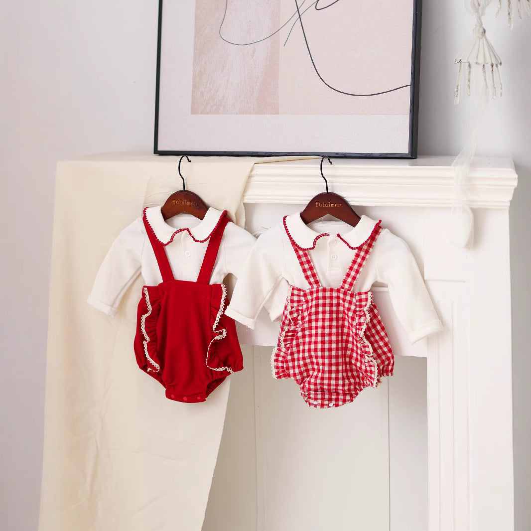 G25092508秋裝嬰兒衣服女寶寶滿月歲背帶裝韓版童裝女寶長袖上衣套裝