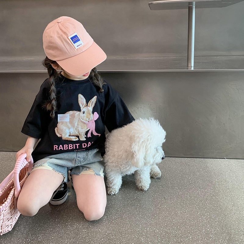 Z25030427女童夏裝短袖t恤純棉新款圓領樣衣寶寶半袖T恤寬鬆兒童上衣INS潮