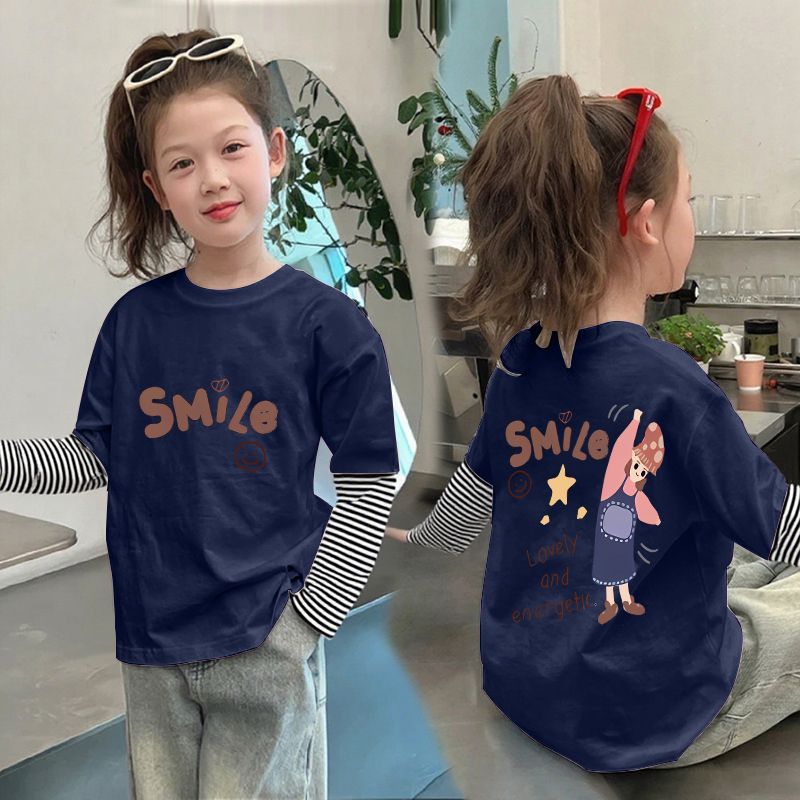 CE25091902女童純棉長袖T恤兒童假兩件條紋上衣春秋裝新款小孩洋氣打底衫