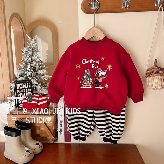 CA25112701聖誕波波~兒童冬季加絨聖誕紅加絨衛衣男童女童圓領加厚喜慶上衣