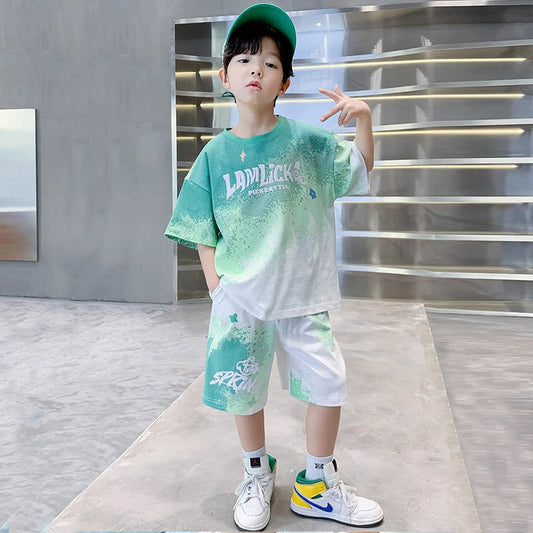 FM26042209男童夏裝套裝2026時尚夏季兒童短袖t恤服男孩薄款兩件套童裝