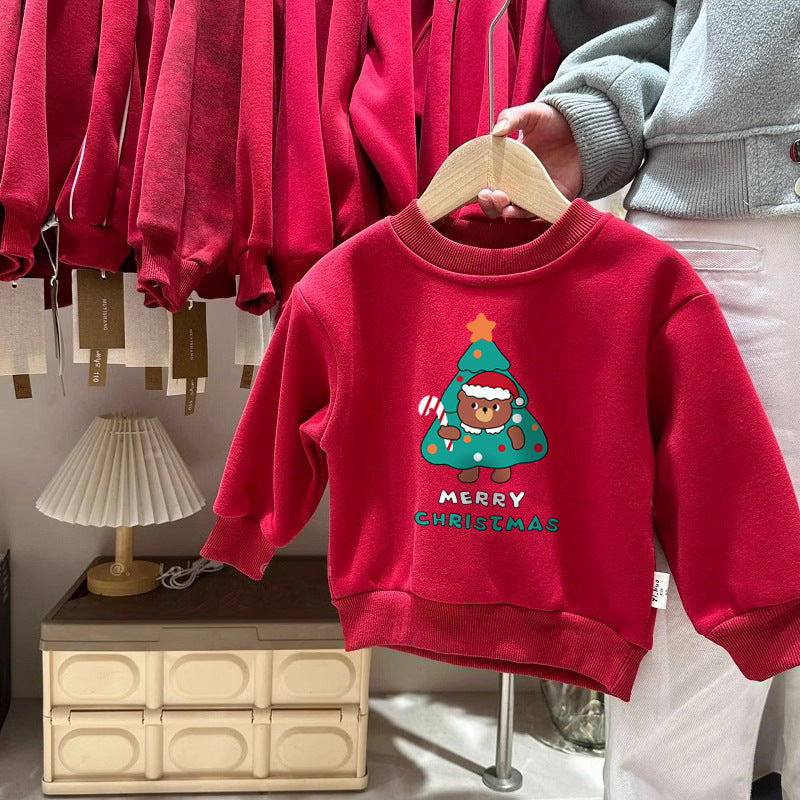 CA25112714加絨兒童裝圓領衛衣秋冬2025新款百搭喜紅色慶聖誕過年服保暖上衣