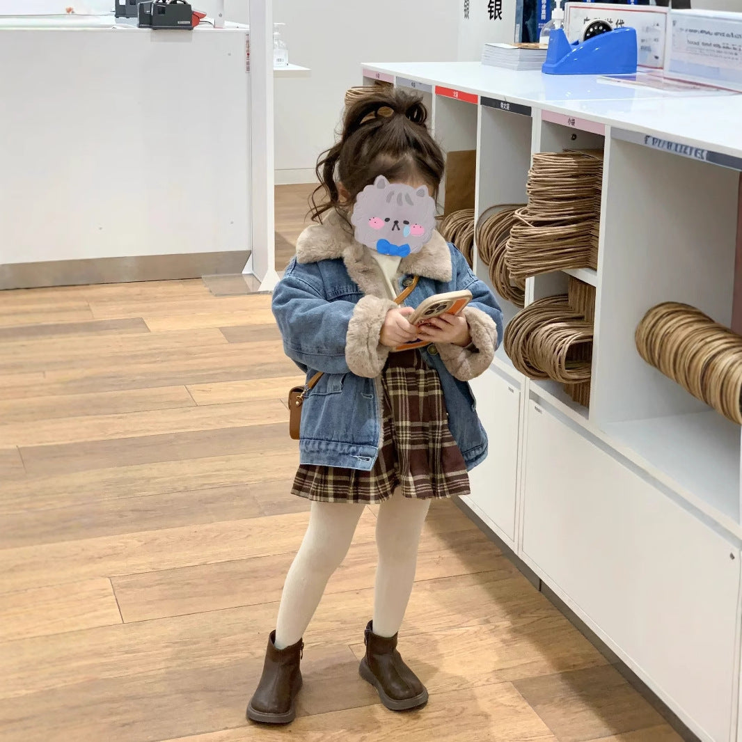 CG25103014兒童加絨外套秋冬裝男女童韓版灰兔毛內裡保暖加厚牛仔外套