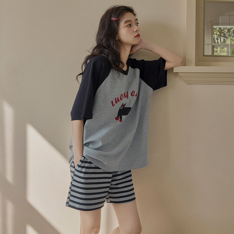 Z25040107自備胸墊睡衣女夏季純棉短袖簡約條紋可外穿學生家居服套裝