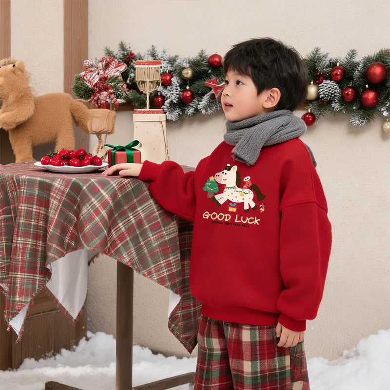 LA260114010新年弟弟妹妹加絨款紅色衛衣2026馬年新款兒童可愛春節拜年拍照服
