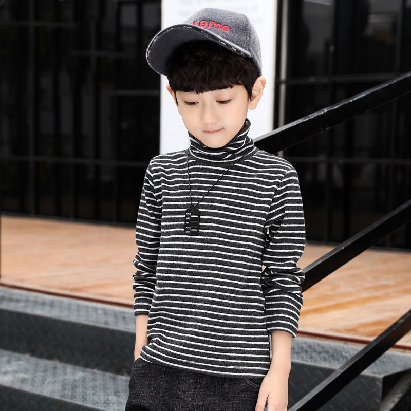 FG25112020童裝男童條紋春秋新款打底衫秋冬中半高領全身加絨T卹保暖上衣