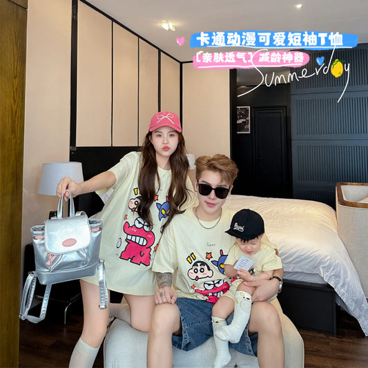 L25041715新款親子裝夏裝T卹母女母子卡通短袖t卹嬰兒爬服一家四口裝潮