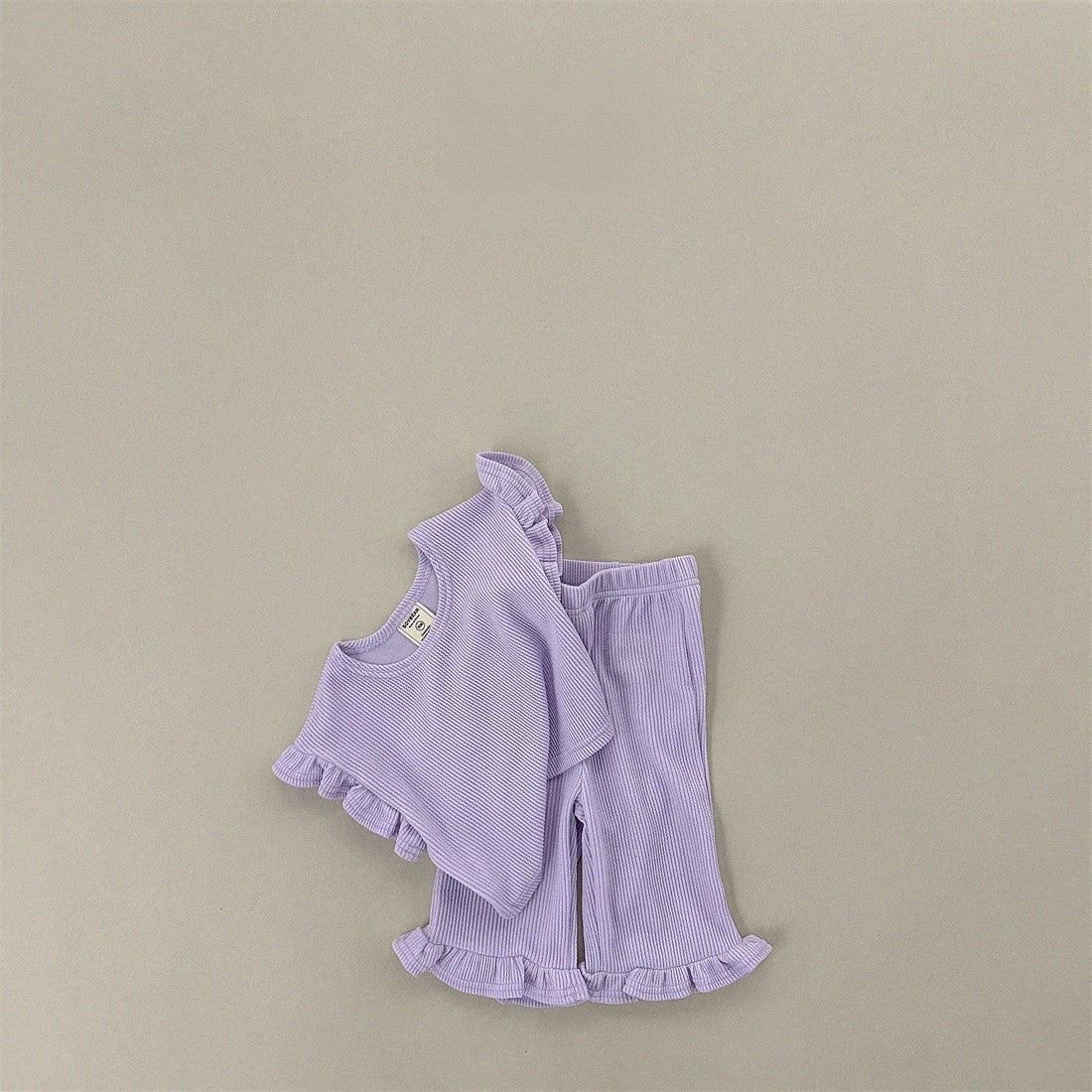 GF26043003 ins韓版女童純棉坑條飛袖上衣蕾絲喇叭褲家居戶外兩件套裝
