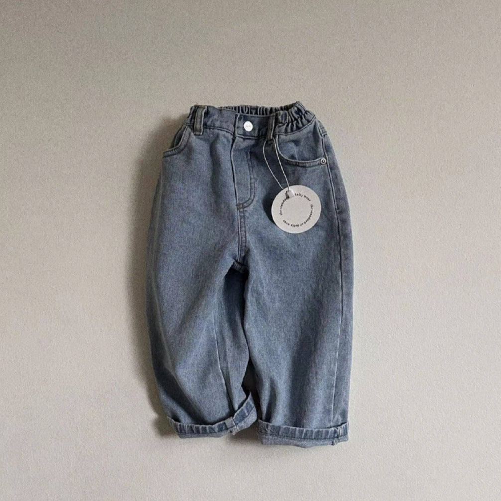 GB25111302ins韓版牛仔皮筋鬆緊褲頭純色男女寶寶百搭休閒時尚休閒長褲