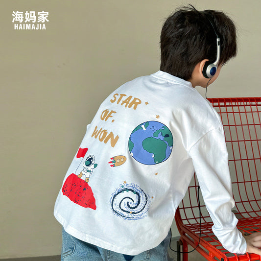 GJ25082708秋季新款男孩純棉長袖T卹太空印花女童秋裝衣服韓版潮