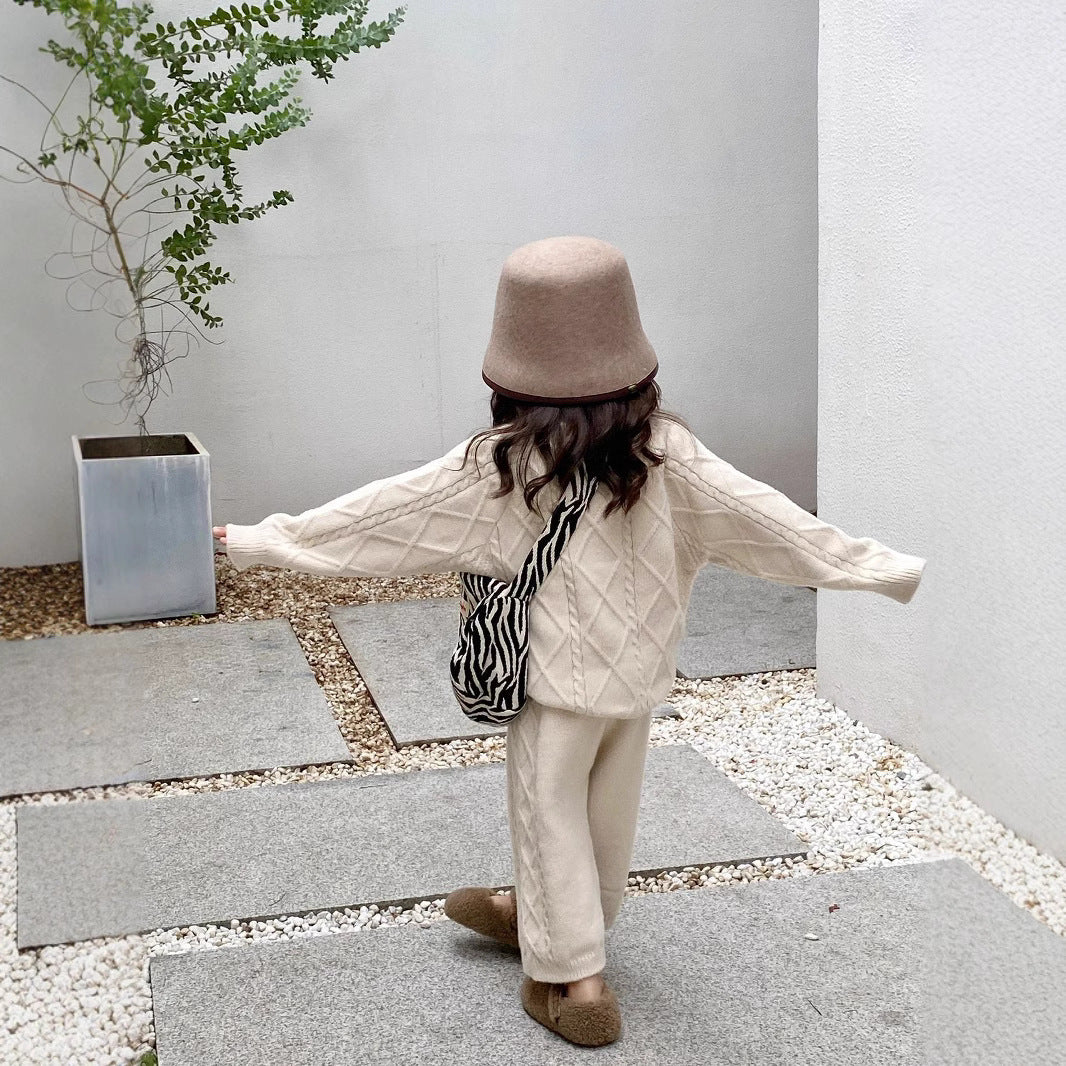 CG25103002春秋韓版女童復古絞花毛線針織套裝女寶寶毛衣線褲休閒兩件套