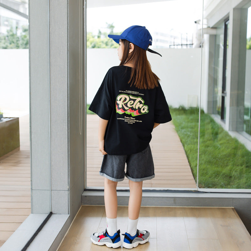 Z25030429女童短袖t恤夏季新款前後印花兒童裝半袖上衣中大童女孩夏裝