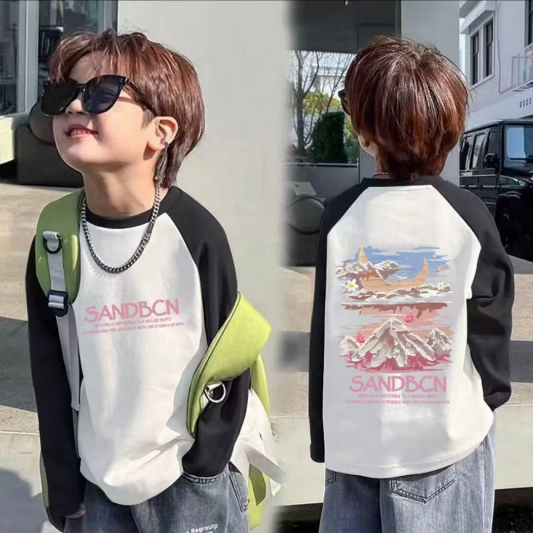 CE26090506 100%純棉男童插肩袖長袖T2026春秋時尚中大童剪裁撞色圓領打底衫