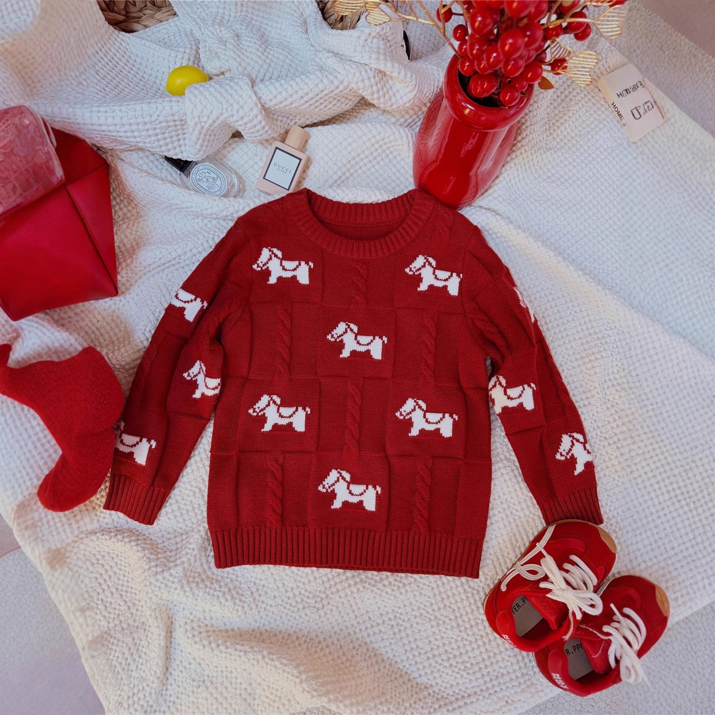 L26010615馬年親子裝一家三四口2026新款秋冬紅色毛衣針織衫拜年服母女裝