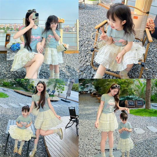 L25041707親子裝2025夏季潮短袖套裝蕾絲短裙幼兒園親子活動家庭裝潮母女裝