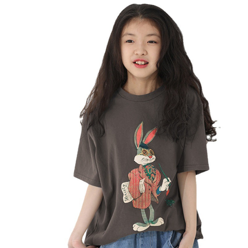 Z25030424童裝女童夏裝短袖T恤新款寬鬆卡通印花兒童男孩夏季潮服大童帥氣
