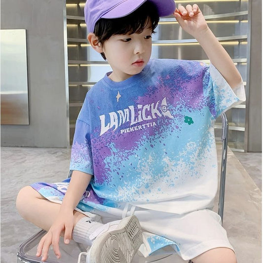 CD25050303男童夏裝短袖套裝2025全新中大童漸層運動套裝輕盈清新透氣速乾衣