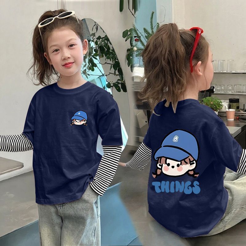 CE25091902女童純棉長袖T恤兒童假兩件條紋上衣春秋裝新款小孩洋氣打底衫