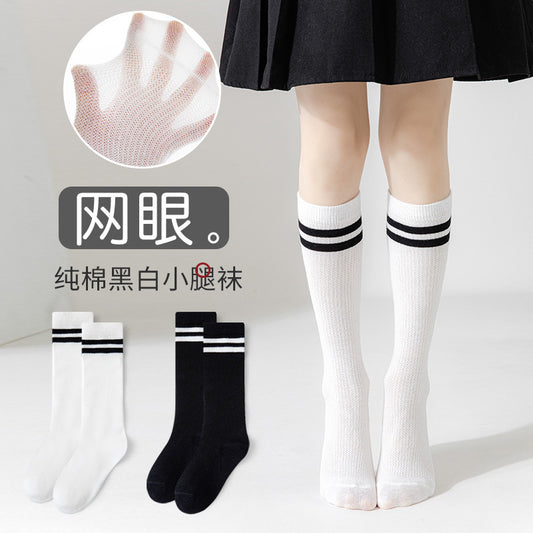 GI25073109兒童長襪春夏薄條紋二槓網眼小腿襪舞蹈襪黑白學生襪