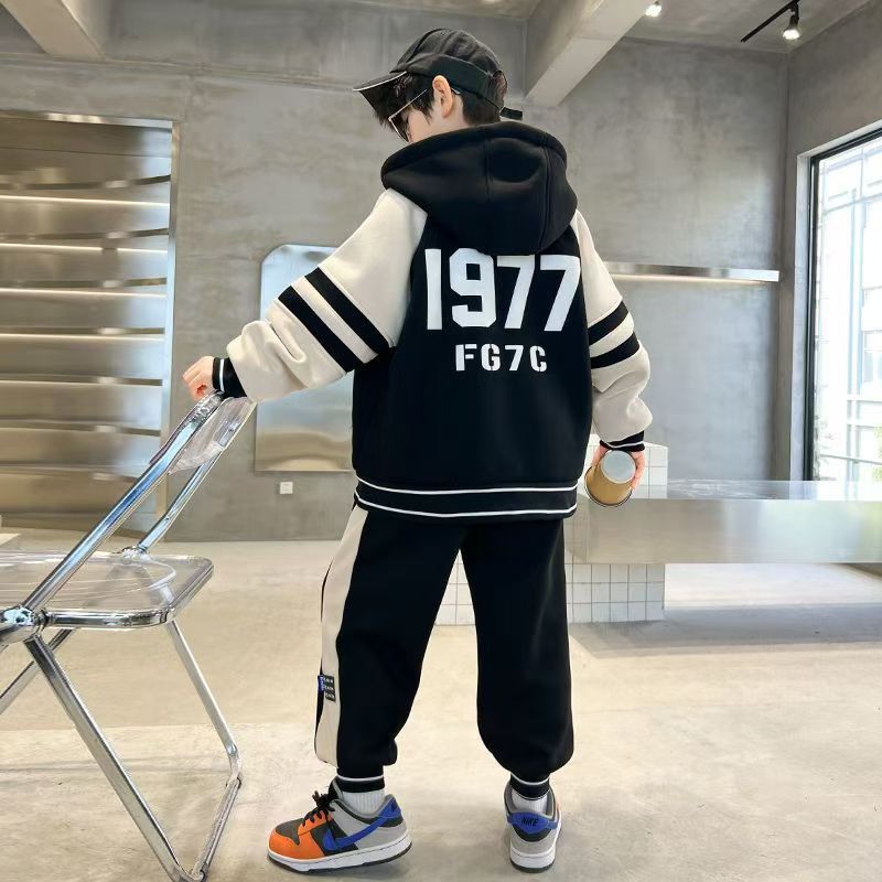 FG25112014男童雙面加絨加厚金絲絨套裝中大兒童拉鍊開襟衫運動休閒冬裝兩件套