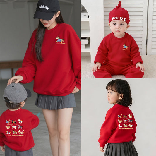 LA26011403秋冬加絨加厚紅色拜年親子裝衛衣一家三口四口母女全家裝