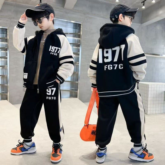 FG25112014男童雙面加絨加厚金絲絨套裝中大兒童拉鍊開襟衫運動休閒冬裝兩件套