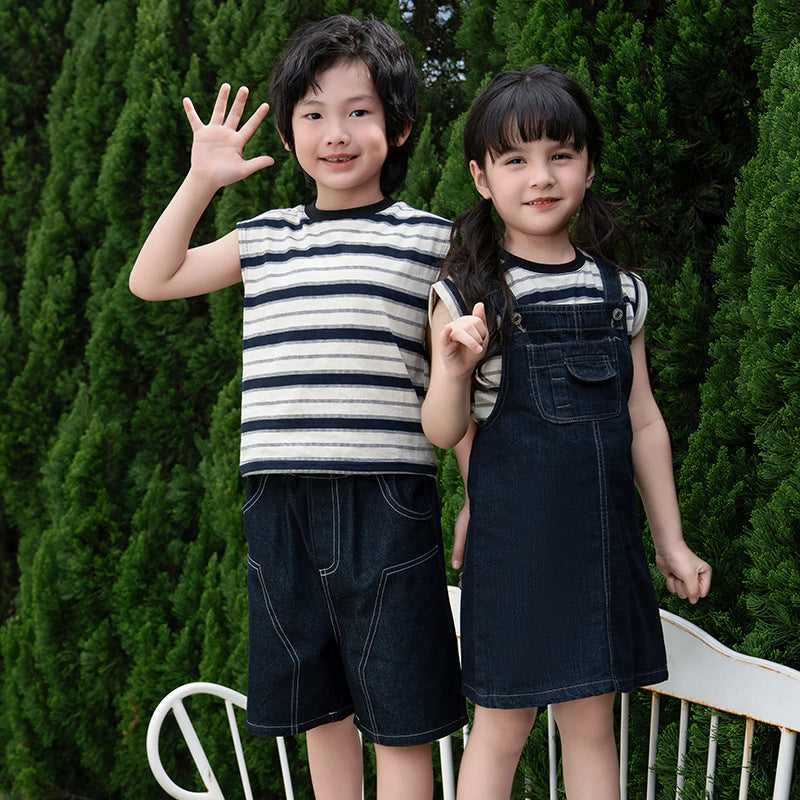 I26070703親子裝一家三口夏純棉無袖條紋T卹洋氣母女背帶裙套裝全家裝