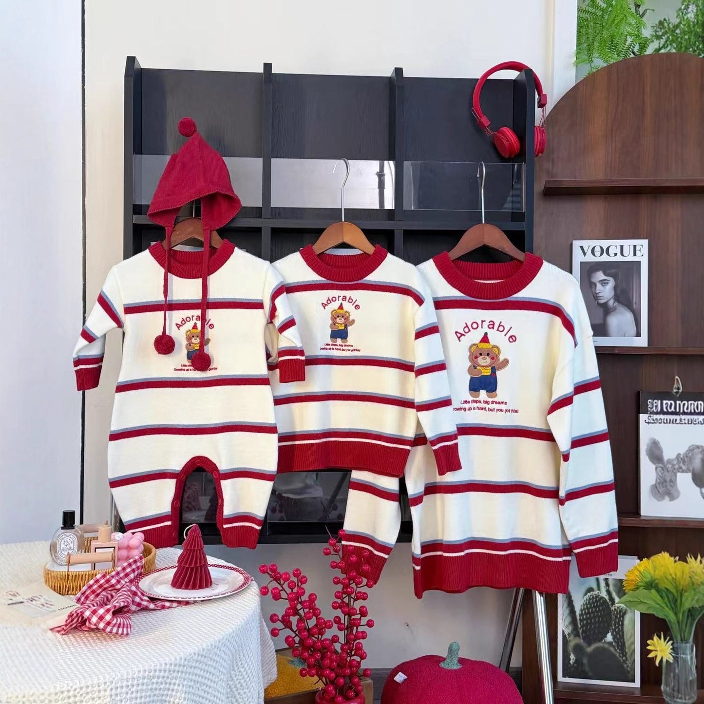 L25120409時尚秋冬親子毛衣一家三口母女寶寶卡通小熊條紋針織衫過年母子