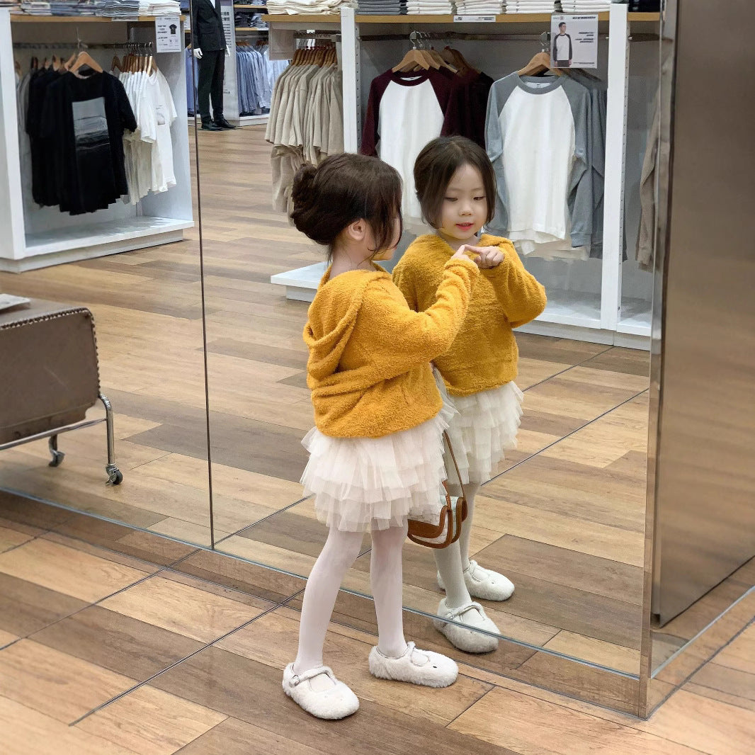 CG25103004春女童休閒軟糯黃色連衫+燈光風層半身蛋糕紗裙