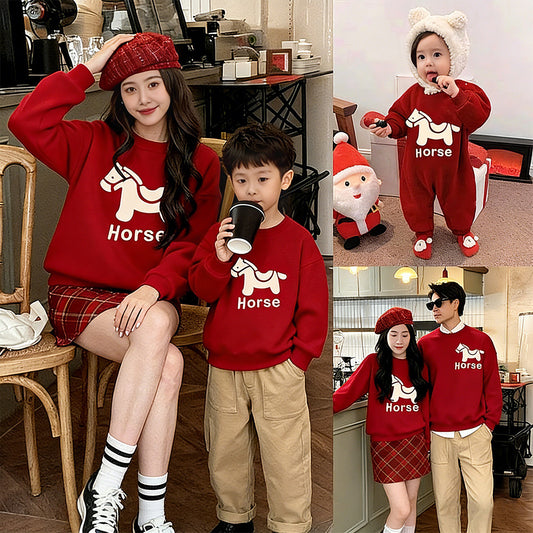 LA26011401親子裝秋冬新款圓領印花衛衣一家三口高端全家裝紅色喜慶拜年服潮