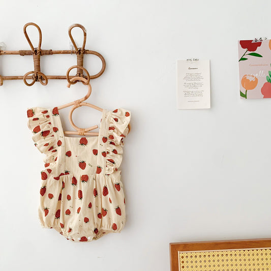 G23061502夏季新款無袖背心款女寶寶百日周歲草莓連體三角爬服