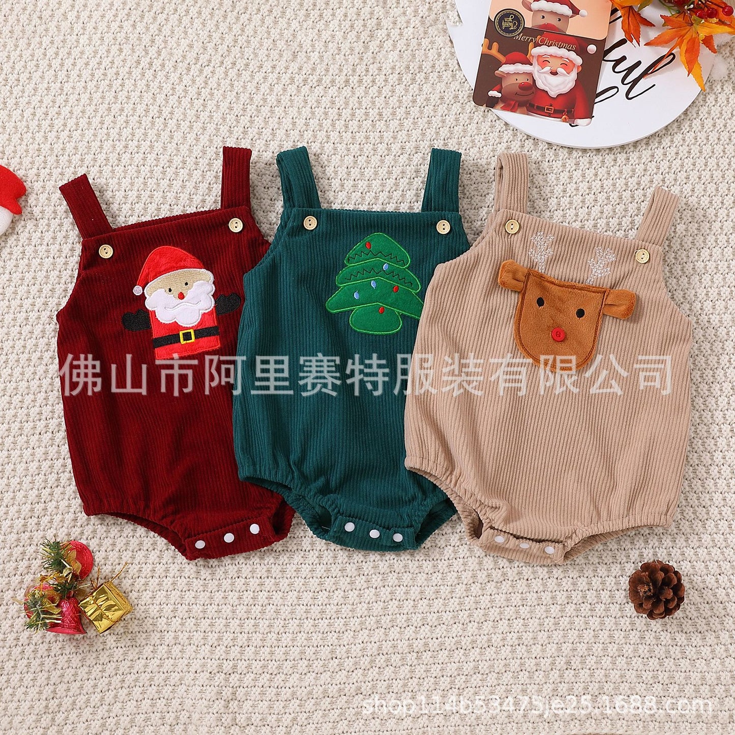 Z23111309嬰幼兒中性男女嬰童多色刺繡圖案聖誕老人，聖誕樹，吊帶肚兜(9-12天到貨)