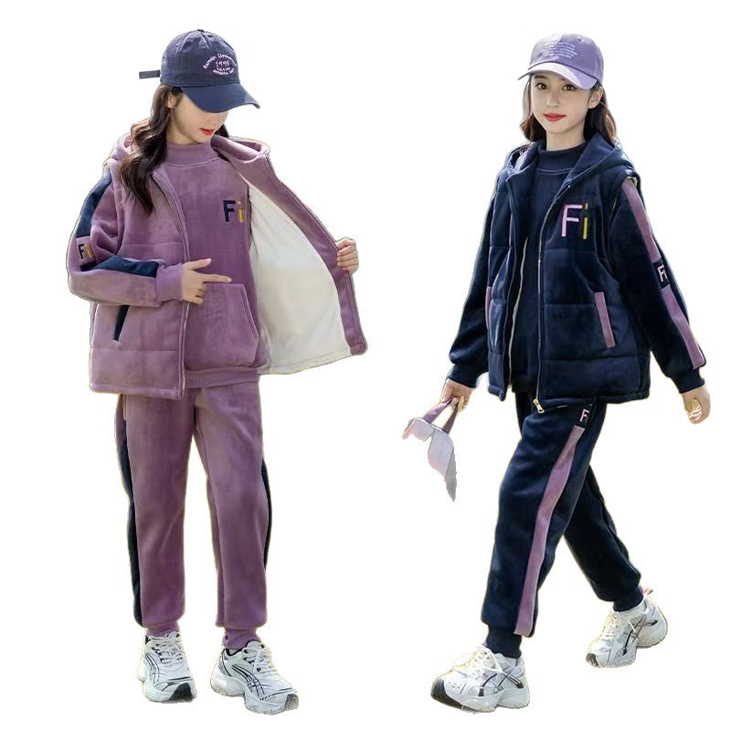 FG25112010女童加絨衛衣套裝秋冬裝時尚洋氣大童兒童冬季加厚三件式運動套