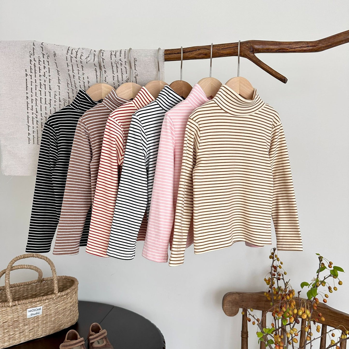 CA25112718秋冬兒童時尚條紋打底衫半高領德絨童裝長袖T卹內女孩搭保暖上衣