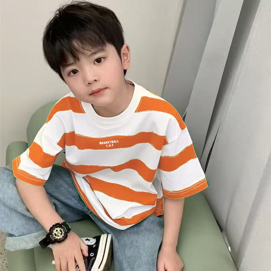 CE26022614兒童T恤男童夏季短袖純棉韓版童裝條紋半袖衫時尚百搭寶寶打底T