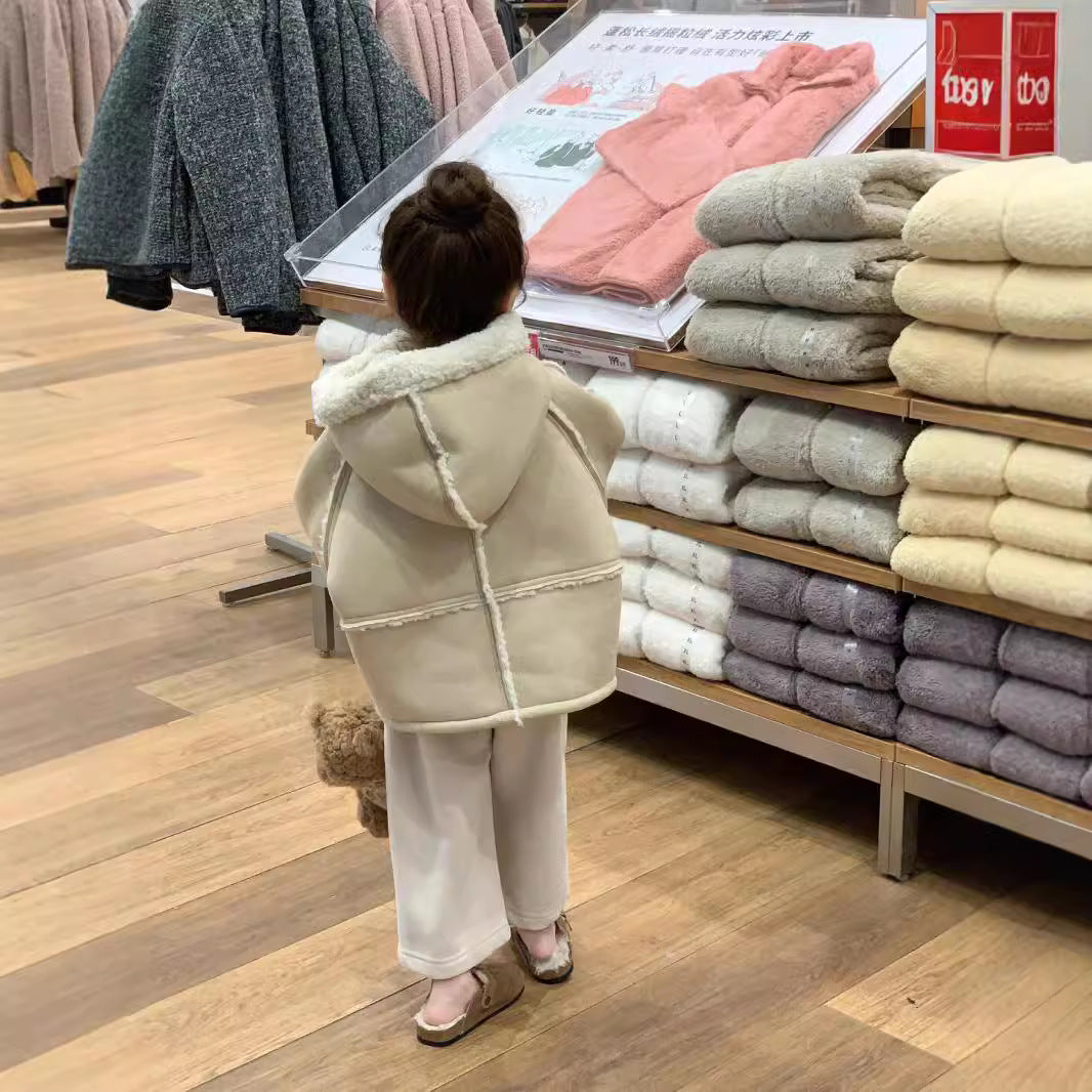 CG25103009女童冬款韓版加厚保暖麂皮絨毛一體連帽大衣羊羔毛內裡裙子