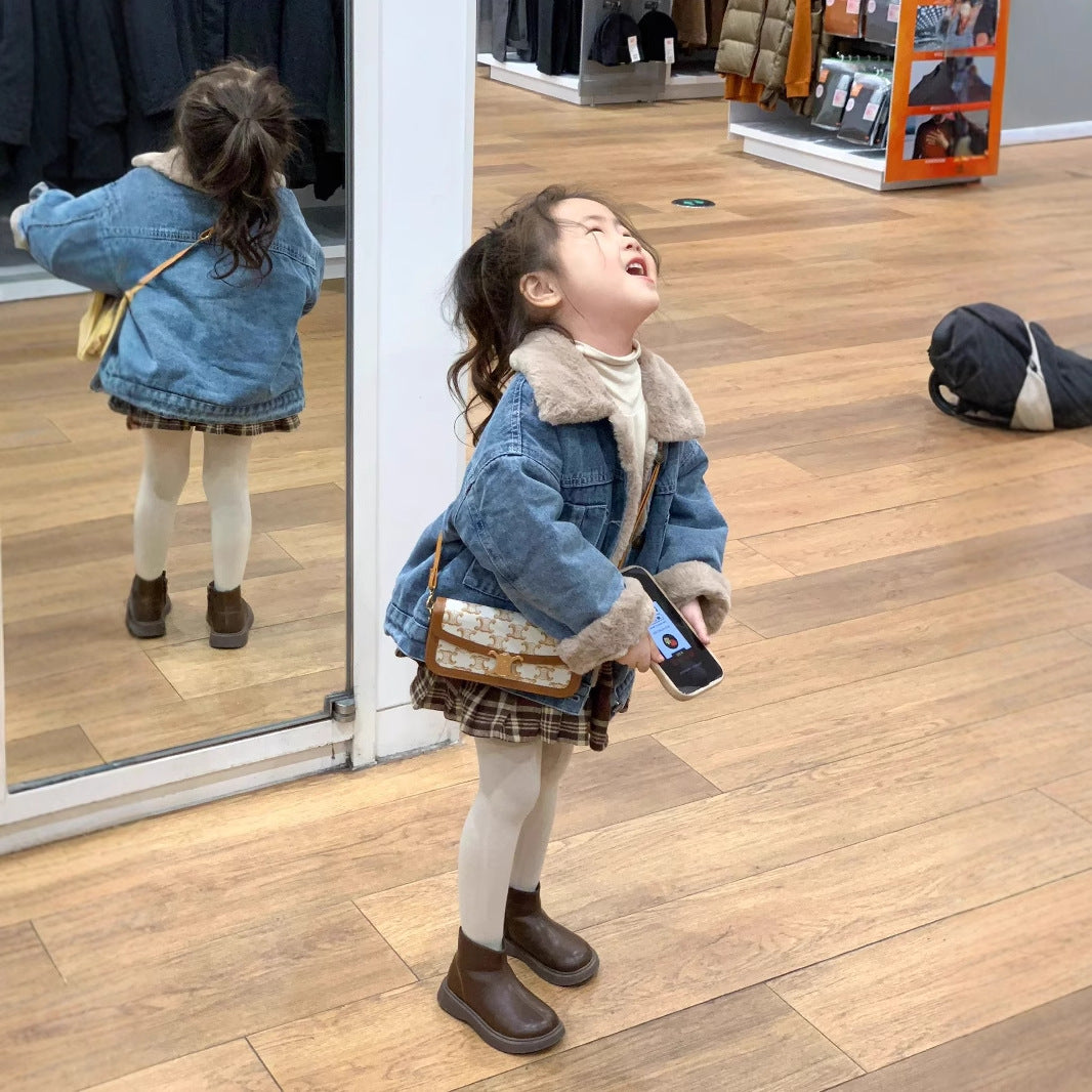 CG25103014兒童加絨外套秋冬裝男女童韓版灰兔毛內裡保暖加厚牛仔外套