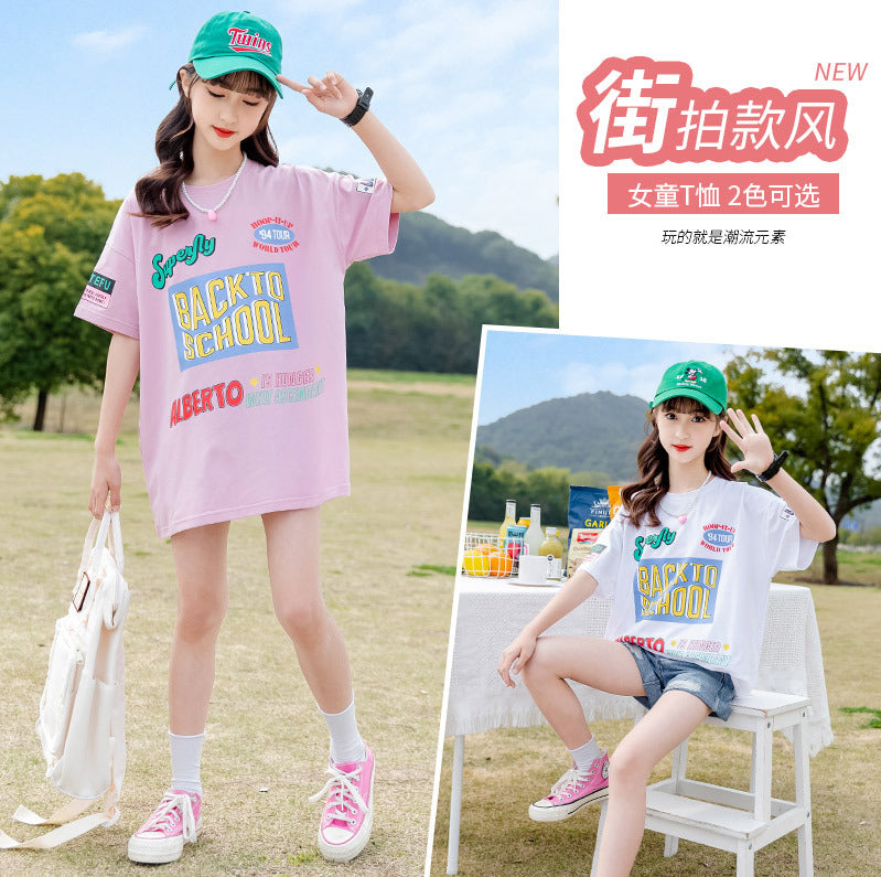 FE24070104女童夏裝短袖T2024年T恤新韓版洋氣中大童夏季網紅半袖上衣潮(9-12天到貨)
