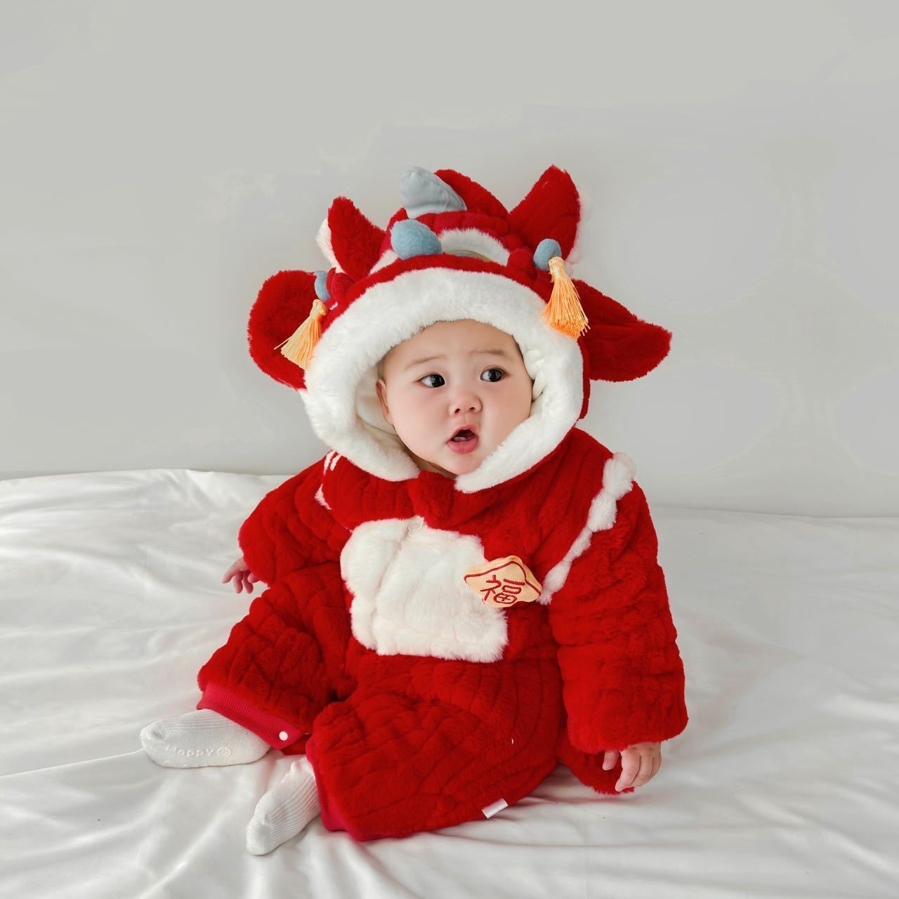 GM26010107寶寶連身衣服冬裝寶寶拜年服加絨加厚哈衣紅色喜慶超萌過年外出服