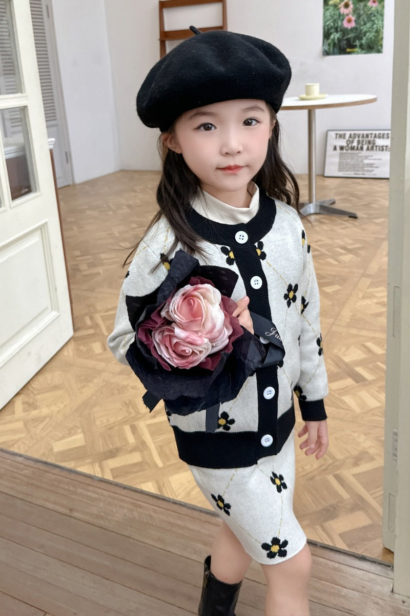 CF25091921兒童女童春秋2024套針織毛衣韓版運動開襟裙半身裙潮童裝寶寶