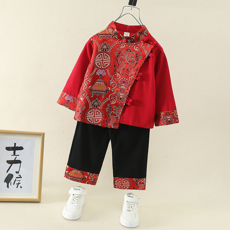 Z23111302週歲禮服男寶寶秋季中國風套裝兒童漢服中式服裝男童唐裝抓周衣服(9-12天到貨)