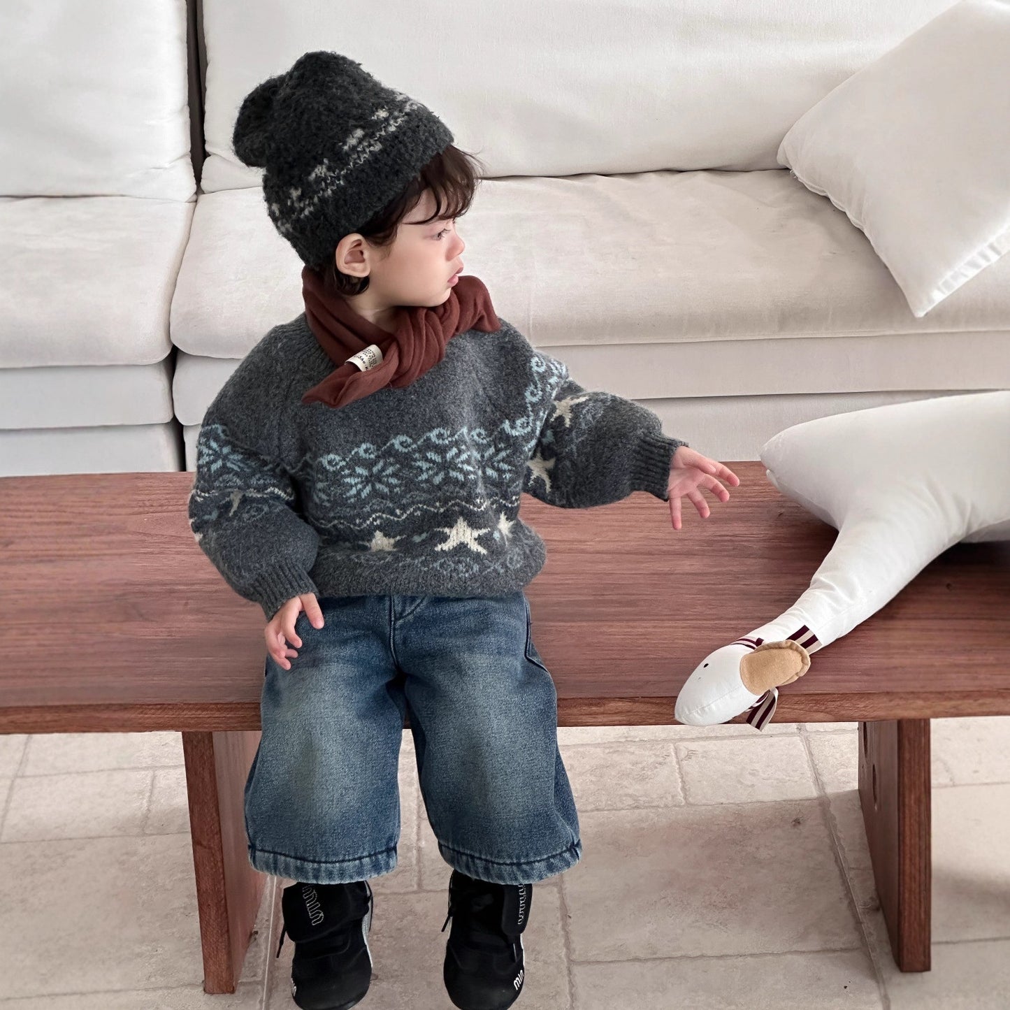GN26012722兒童服飾冬季2025新款韓版童裝寶寶針織毛衣冬款男童加絨牛仔套裝