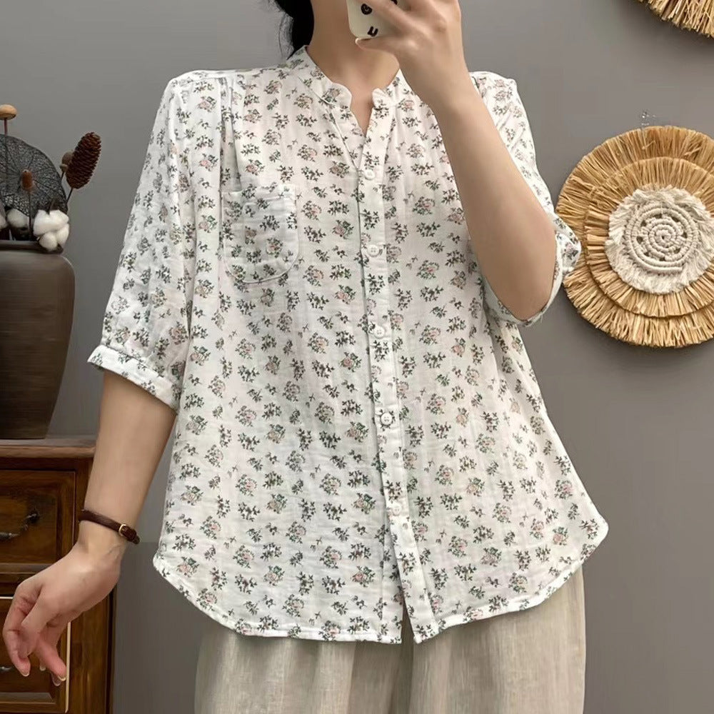 Z25040102夏季雙層棉紗碎花襯衫減齡大尺碼中袖襯衫時尚減齡休閒上衣女裝工廠(需購買3件廠商才出貨)